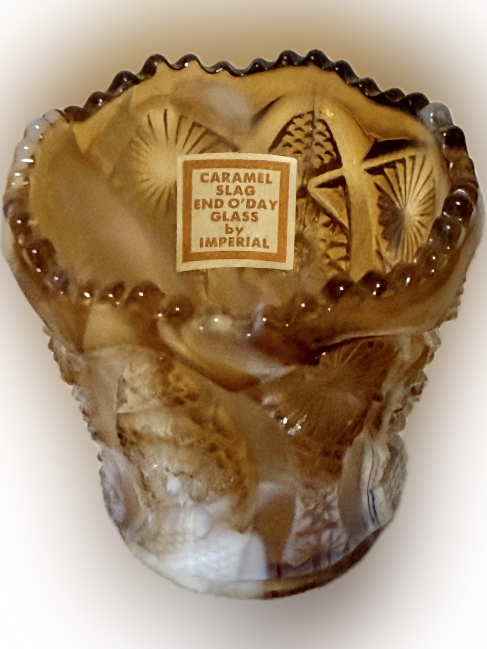 Vintage Imperial Slag Glass Toothpick Holder Daisy & Button Marbled Caramel